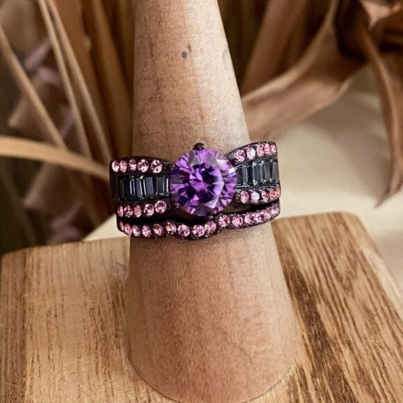 Amethyst CZ Ring-Brown Stainless Steel Multi-Band Design - Picture 7 of 7